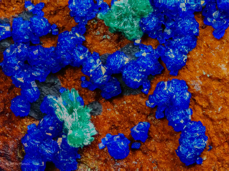 Blue azurite and green malachite mineral surface at 5x magnification