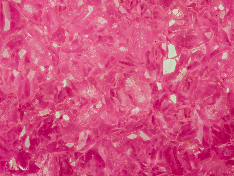 Pink cobaltoan calcite mineral surface at 4x magnification